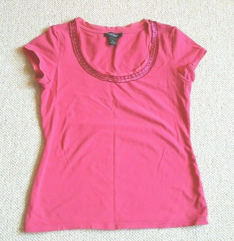 Womens Top-WHITE HOUSE BLACK MARKET-pink cotton stretch knit ribbon/beaded cap-S
