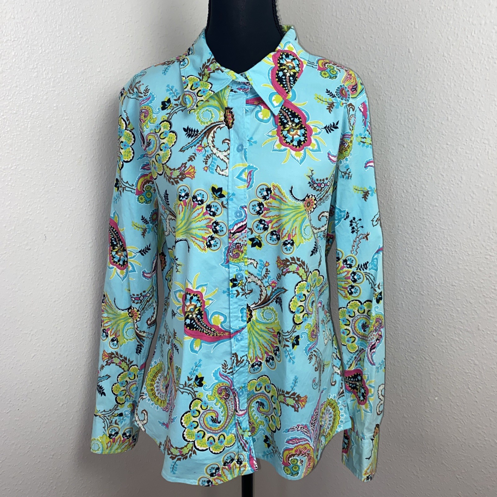 Bamboo Traders Blouse Women’s XL Blue Paisley Floral Long Sleeve Button Hippie