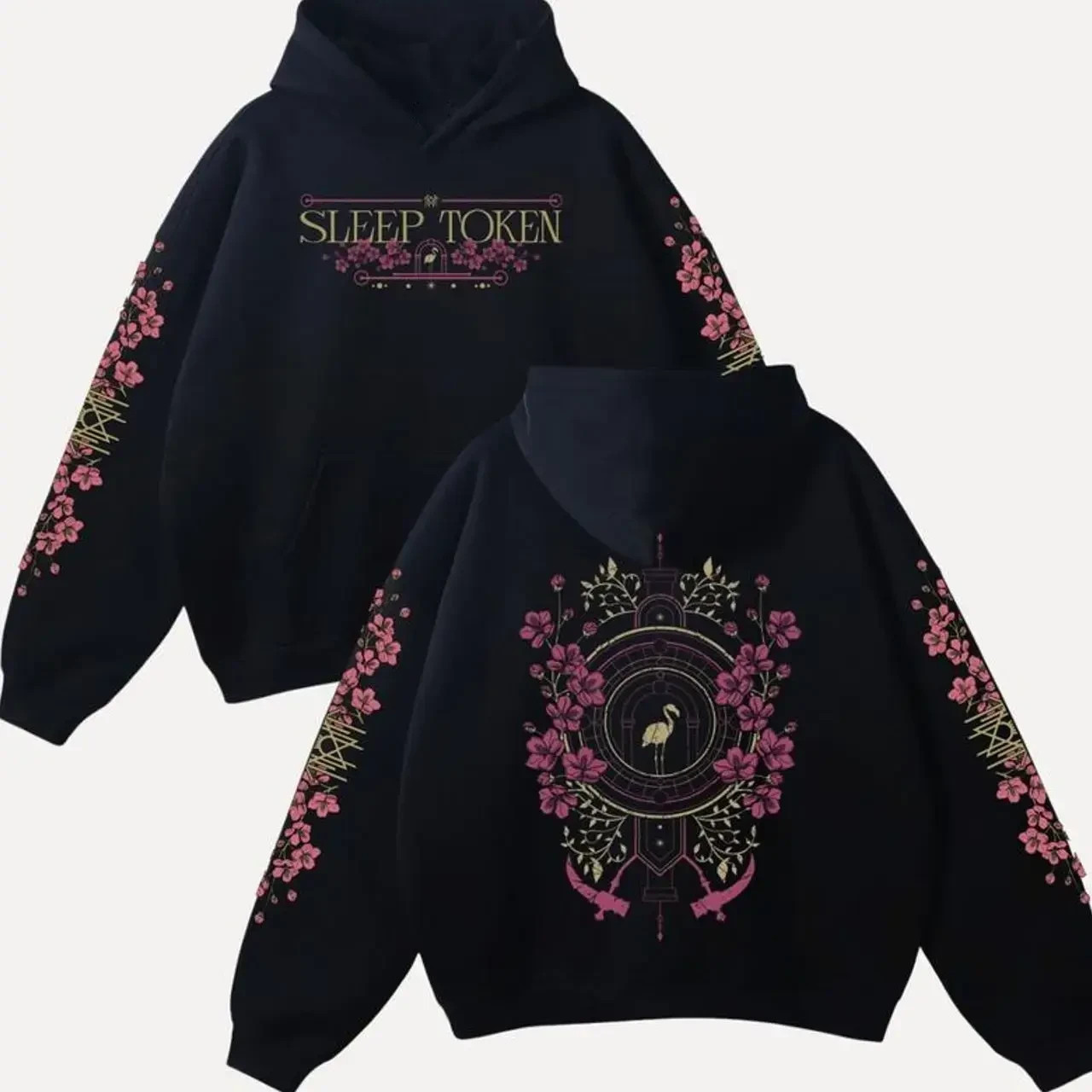 Retro Sleep Token Hoodie Aqua Regia, Rock Band Inspired Cherry Blossoms Flamingo