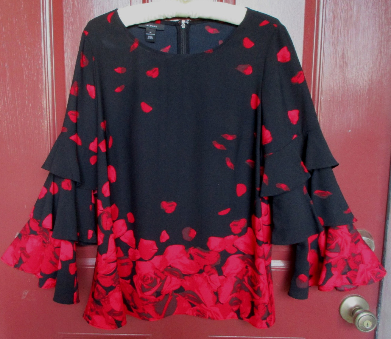 Alfani Blouse MED Black Red Roses Petals 100% Poly Ruffled Sleeves Valentine’s