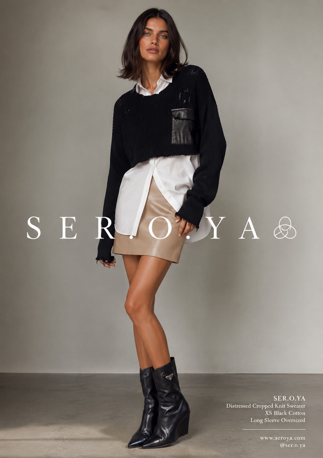 SER.O.YA Distressed Cropped Knit Sweater XS Black Cotton Long Sleeve Oversized