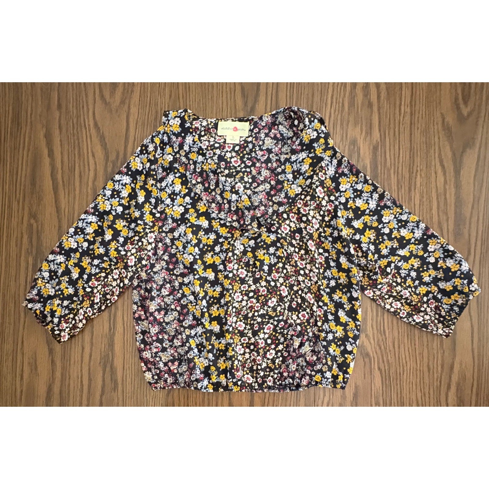 Wishful Park Womens Blouse Size L Black Floral Ruffle V-Neck 3/4 Sleeve Blouson