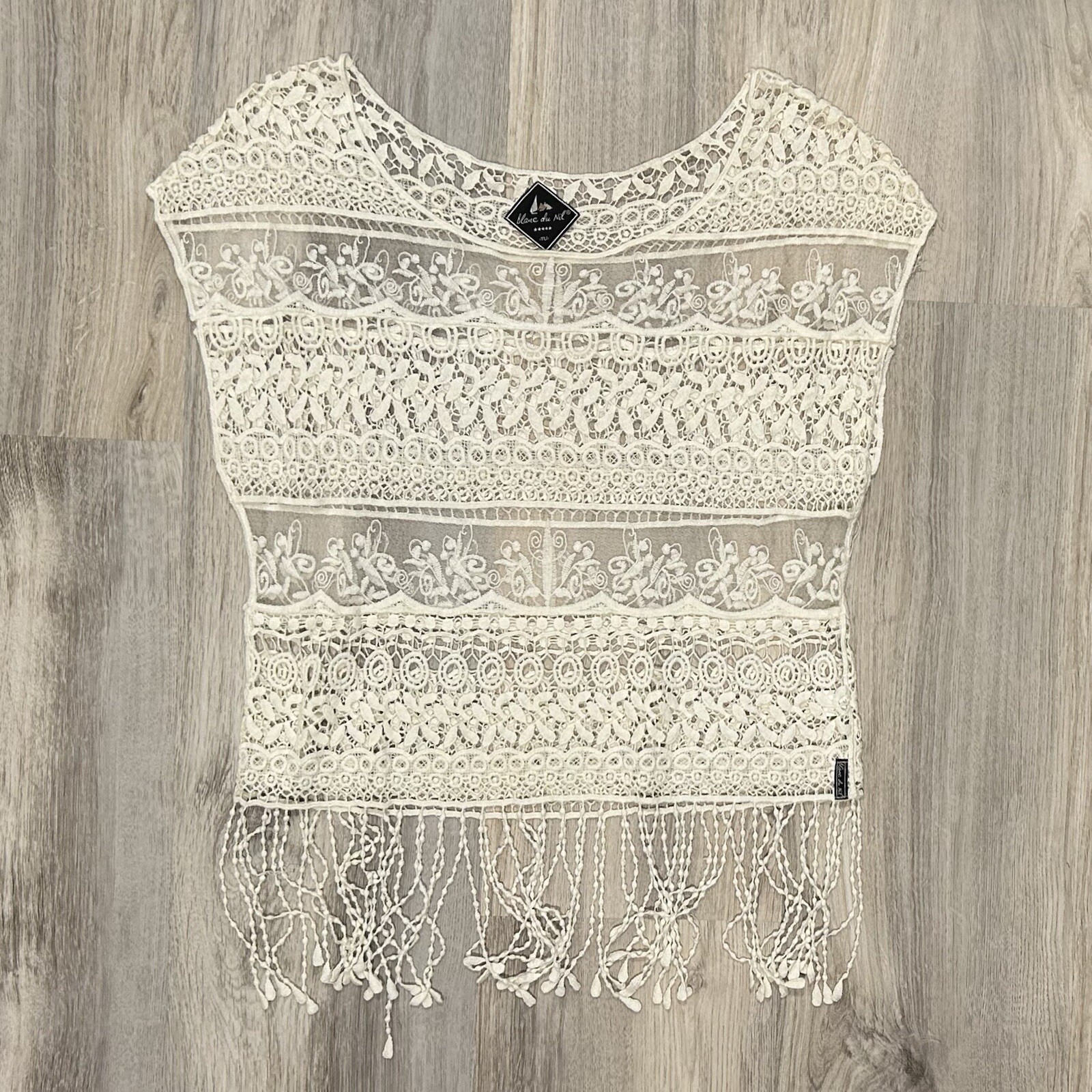 Blanc du Nil Sheer White Crochet Lace Sleeveless Top Swim Cover Up Fringe Size M