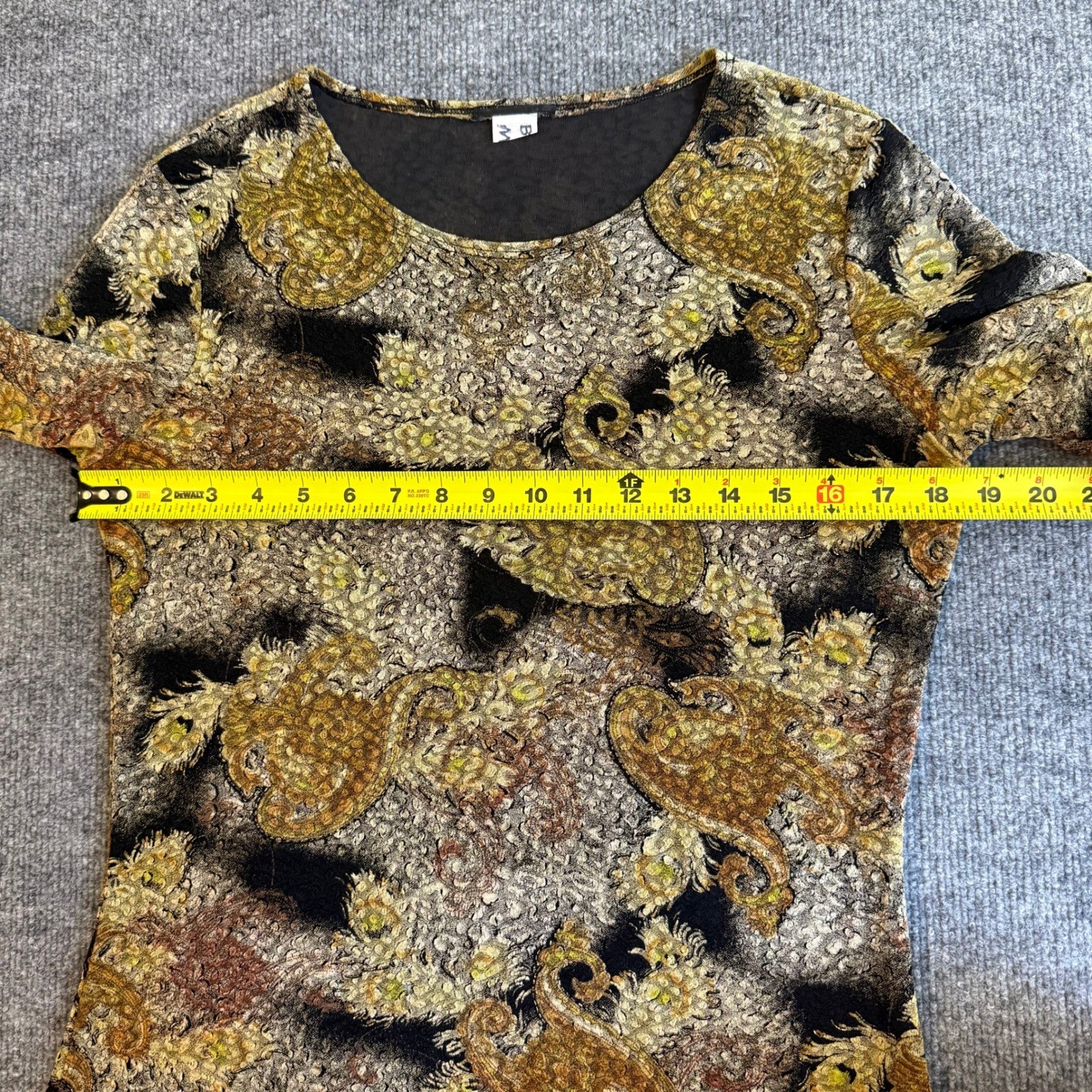 Vintage Y2K Brittany Black Textured Paisley Stretch Top Gold Multi 3/4 Sleeve M