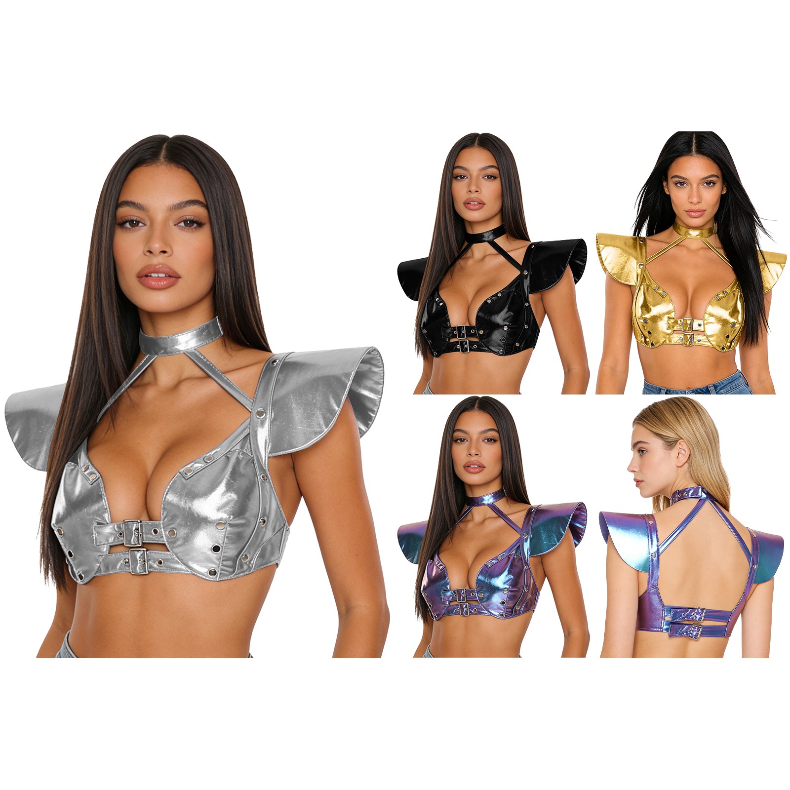 US Womens Bustier Birthday Vest Shoulder Tops Latex Nightwear Crop Clubwear