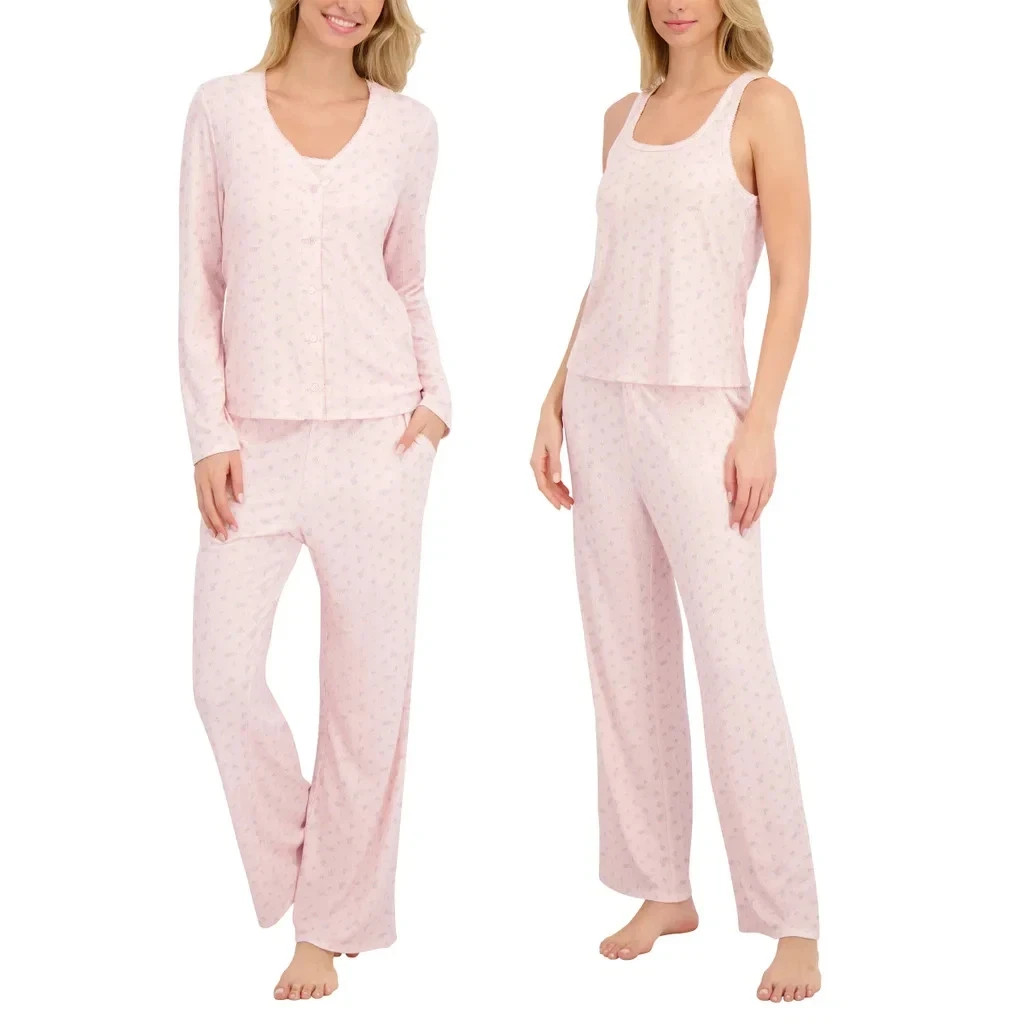 Live2Lounge 3 Piece Lounge Set Picot Trim Relaxed Fit Women’s Medium Pajama