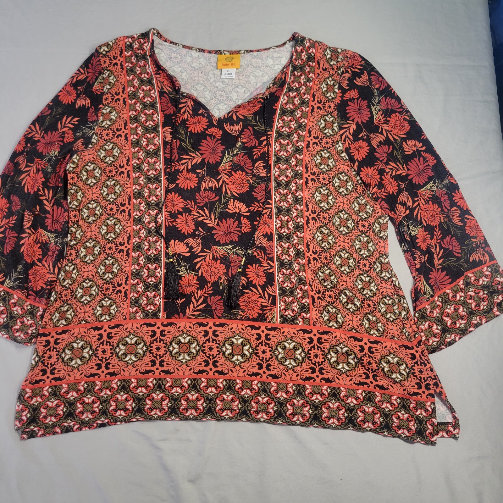 Ruby Rd. Women’s Long Sleeve Floral Print Top, Flared Sleeves, Size XL