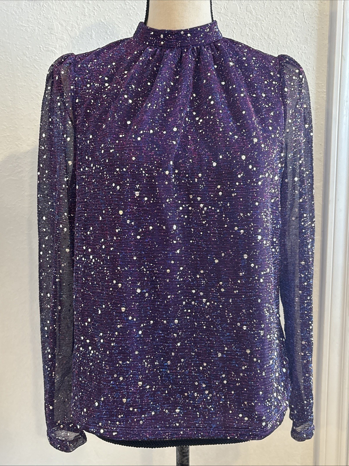 Shein Blouse Sheer Long Sleeves W/Shiny Silver Polka Dot Purple Size 4