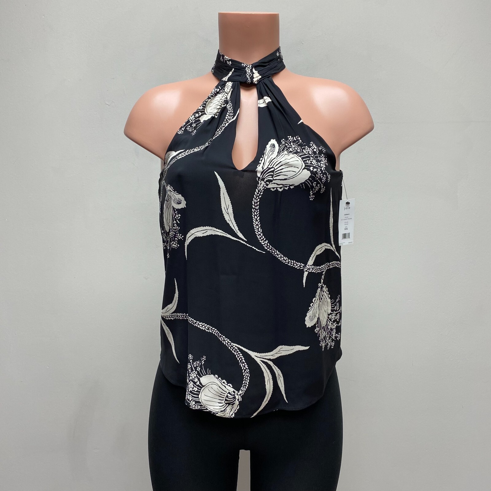 Joie Women Black Caviar Cedra B Floral Sleeveless Viscose Keyhole Halter Top XXS