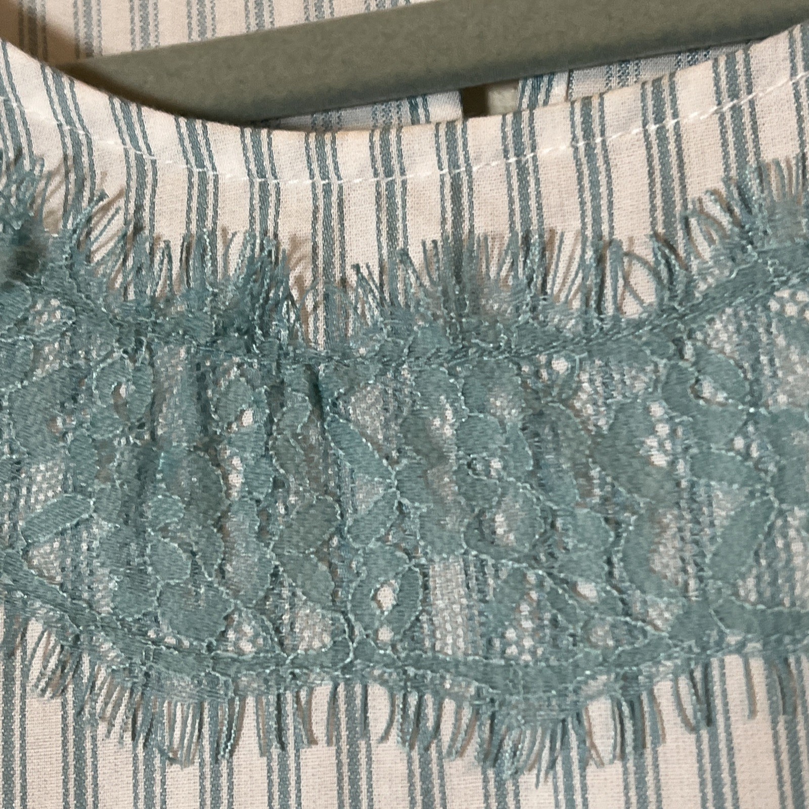 DG2 Diane Gilman Lace Trim 3/4 Flare Sleeve BOHO Linen Stripe Tunic Top Teal Med