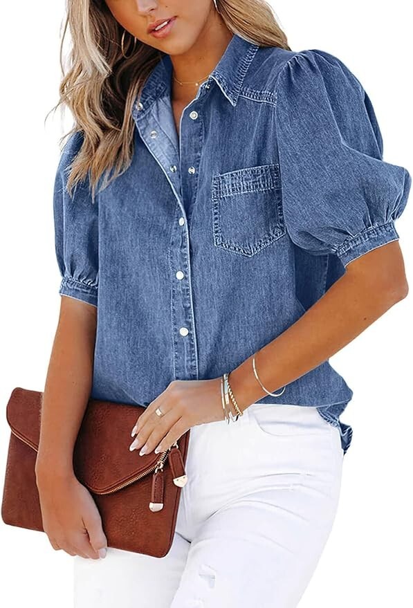 Women’s Casual Washed Distressed Puff Sleeve Denim Button Down Shirt Jean Jacket