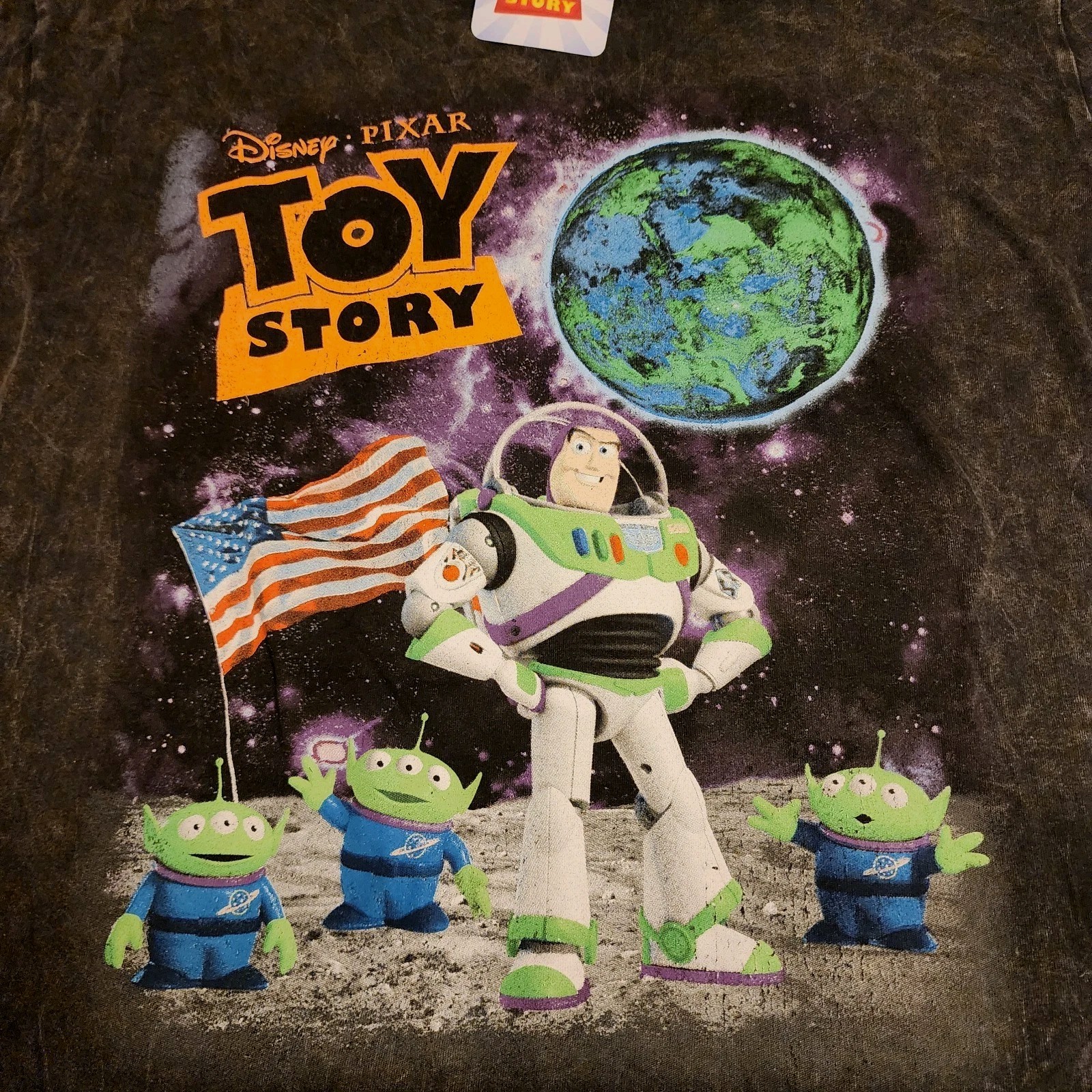 Toy Story Buzz Lightyear Women XL Black Acid Wash Graphic Tee Disney Pixar NEW