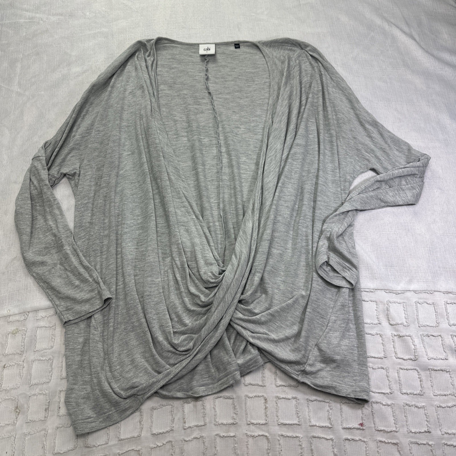 Cabi Gray Twist Front Draped V-Neck Long Sleeve Jersey Knit Top Small 5186