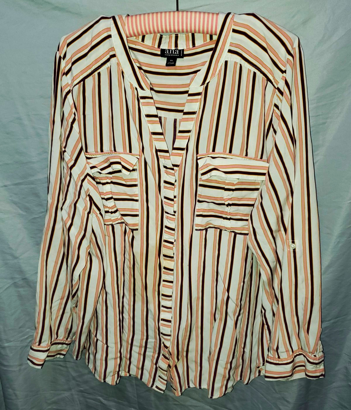 a.n.a Women’s Striped V-Neck Long Sleeve Button Blouse, Plus 3X, White/Pink