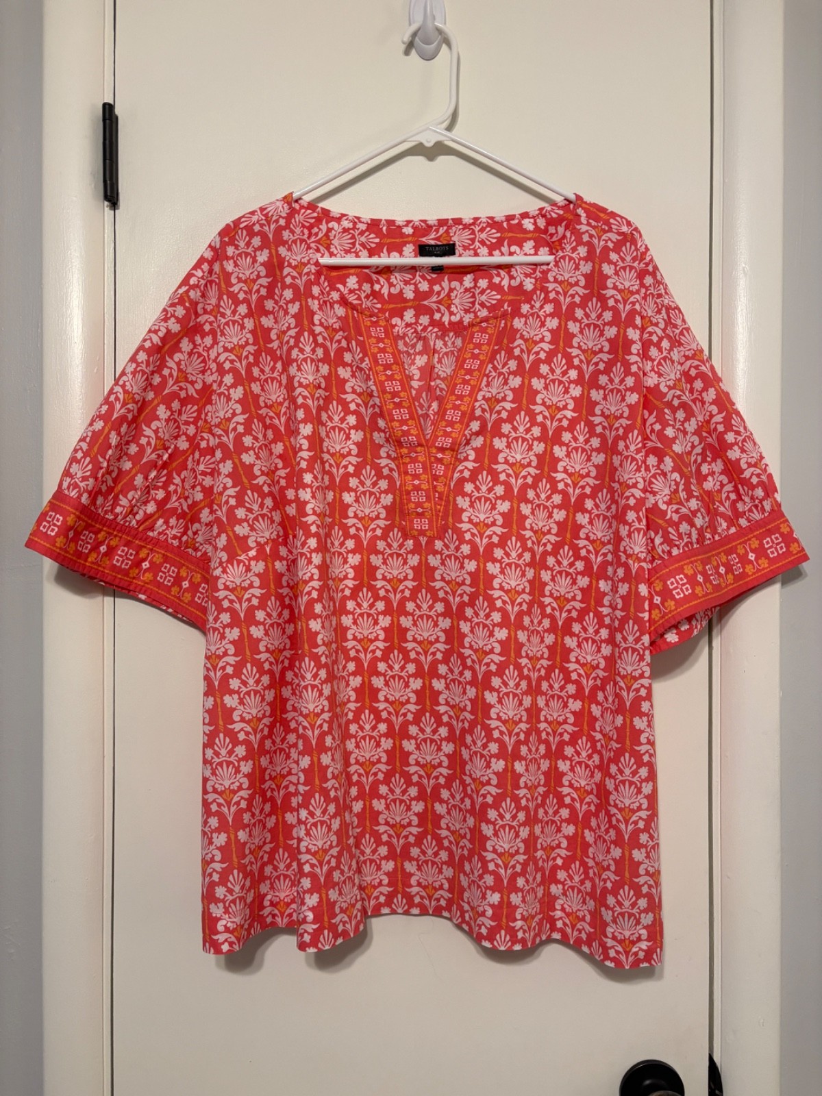 Talbots Women’s Plus S/S Floral Print V-Neck Popover Shirt Top Blouse 3X Coral