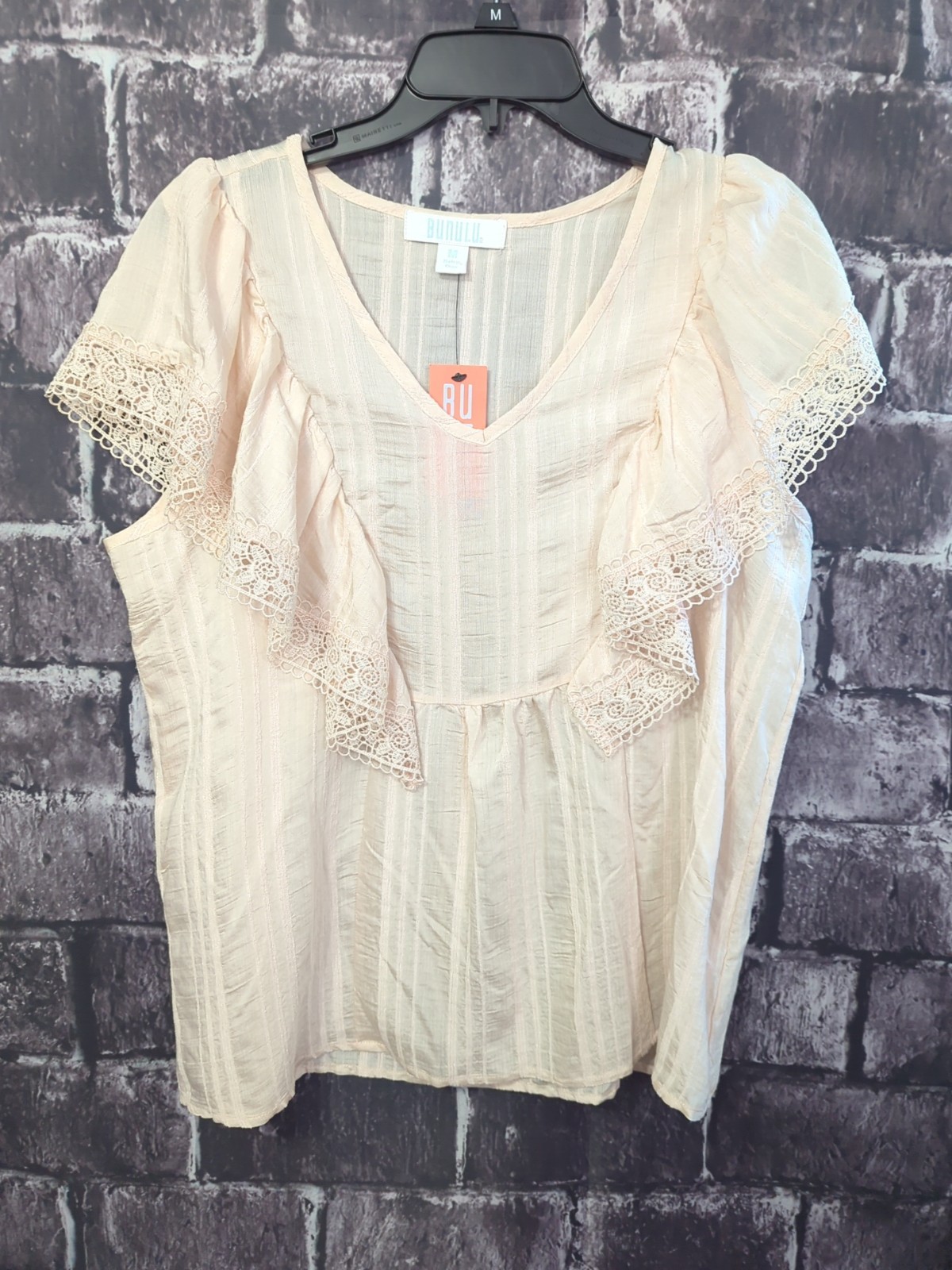 Bunulu Blouse Size Medium Blush Ruffle SS Round Neck Boho Top NWT! [RR33]