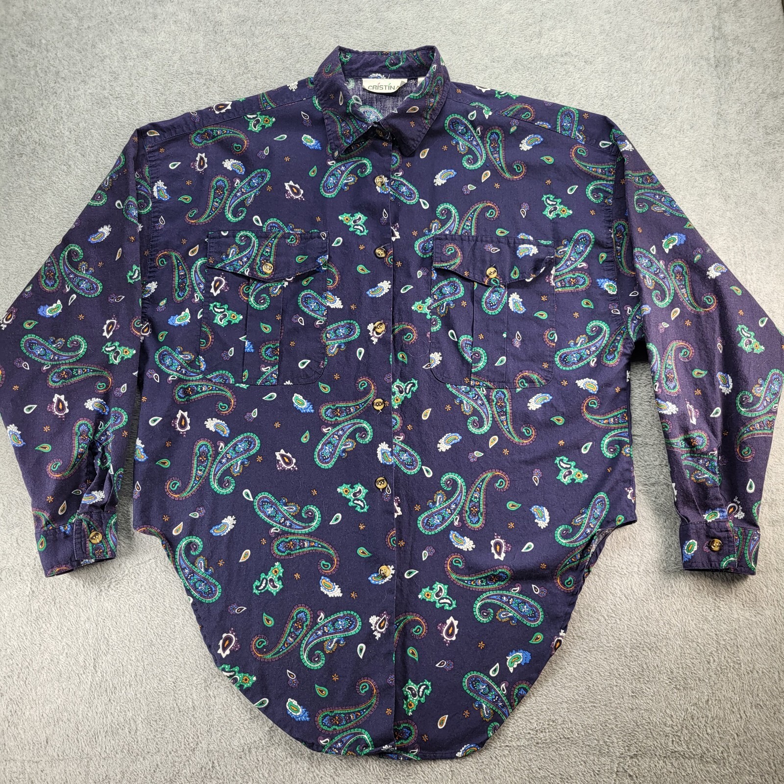 Vintage Christina Navy Multicolor Paisley Button Up Tuck In Blouse Size Medium