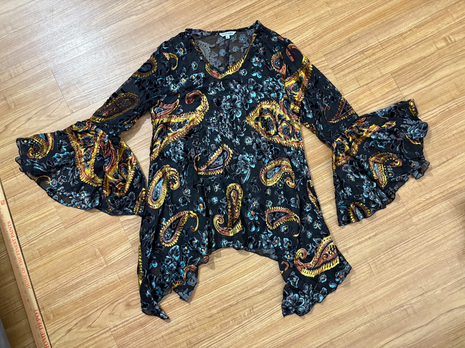 Nostalgia Bell Sleeve BLOUSE Women’s XL Paisley Sheer & Velvet Y2K Retro 70s