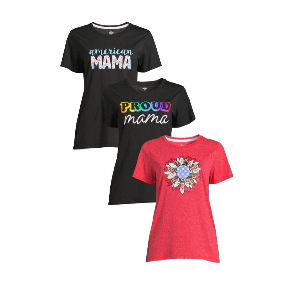 NWT Women’s Sizes L & XL 3-PACK Proud MAMA sunflower Tee Shirt blouse Patriotic