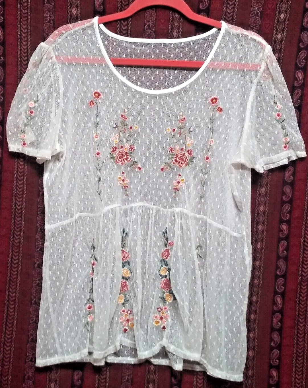 Sheer embroidered blouse top Womens XL dotted & floral off-white pink babydoll