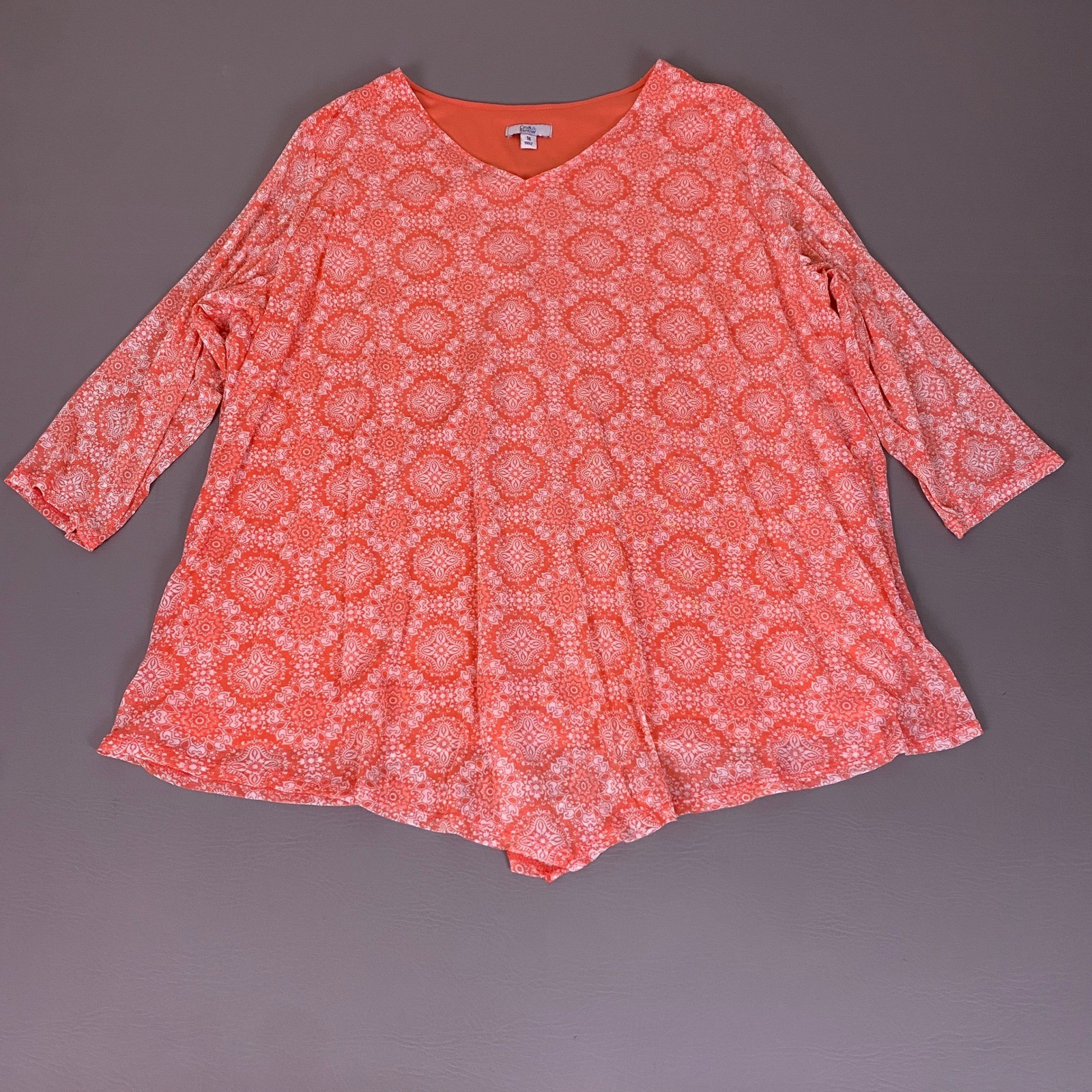 Croft & Barrow Tunic Blouse Women’s 3X Coral Medallion Mesh Overlay 3/4 Sleeve