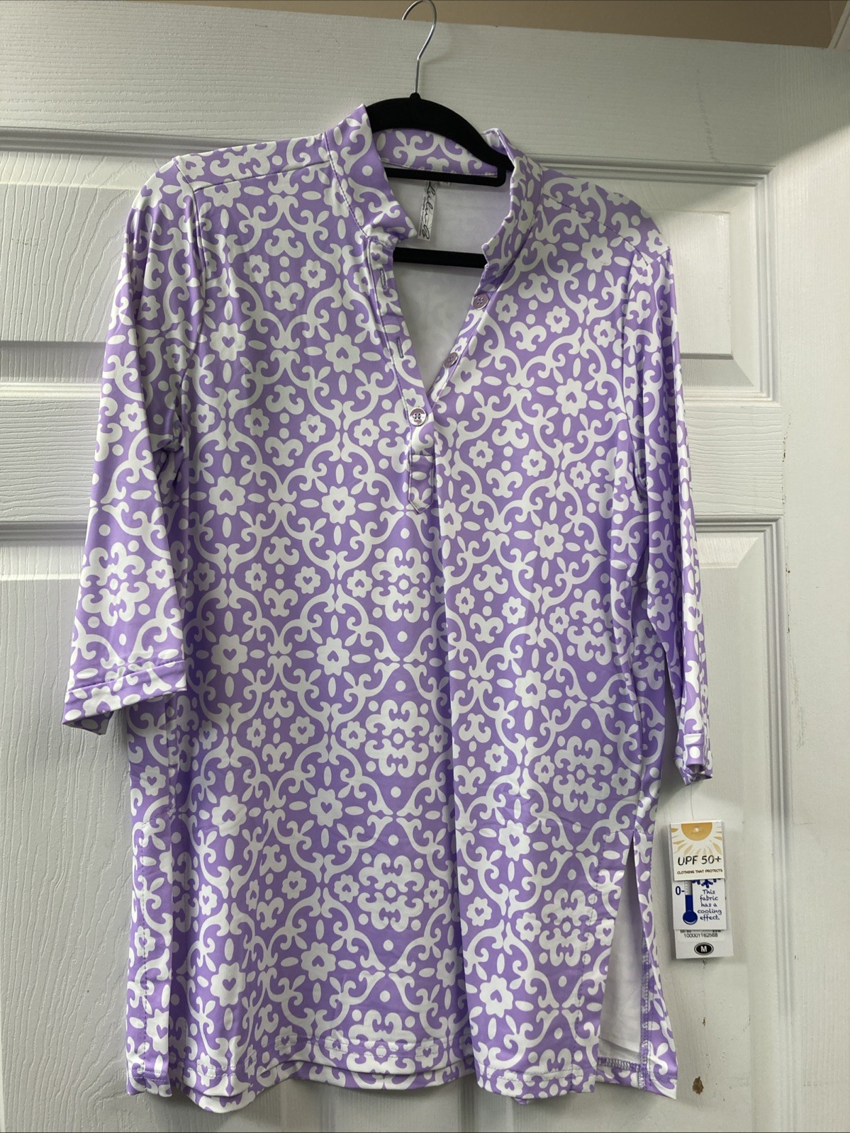 Lulu B M Purple And White Tunic 3/4 Sleeve Button Up With Side Slits Upf50