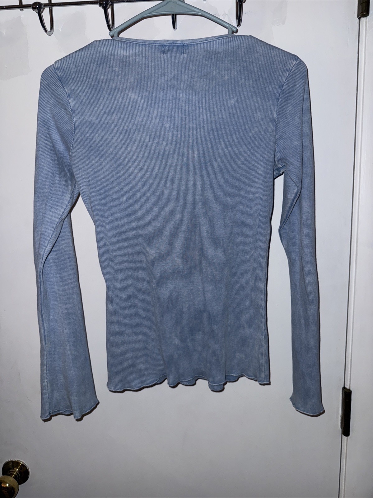 Emerald Small Blue Ribbed Top Pearl Sequin Detail Lace V-Neck Pedal Sleeves Stew