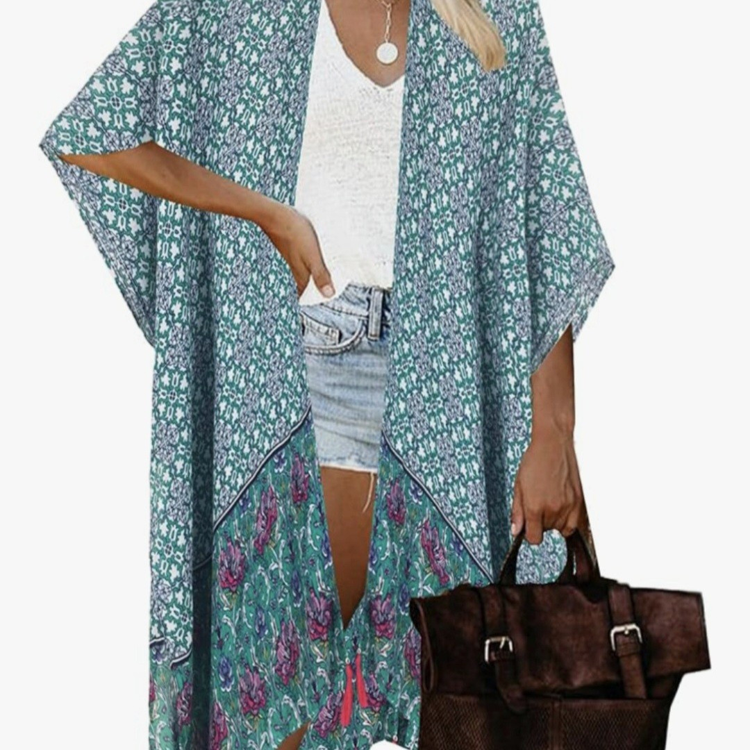 Kimono Beach Cover Up Womens OSFM Floral Green Multicolor Tassels Moss Rose