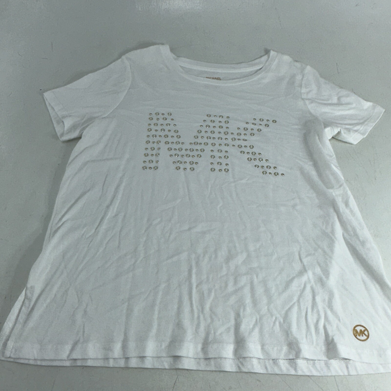 MICHAEL KORS Women White W/Gold Embellished Logo Tee Sz L