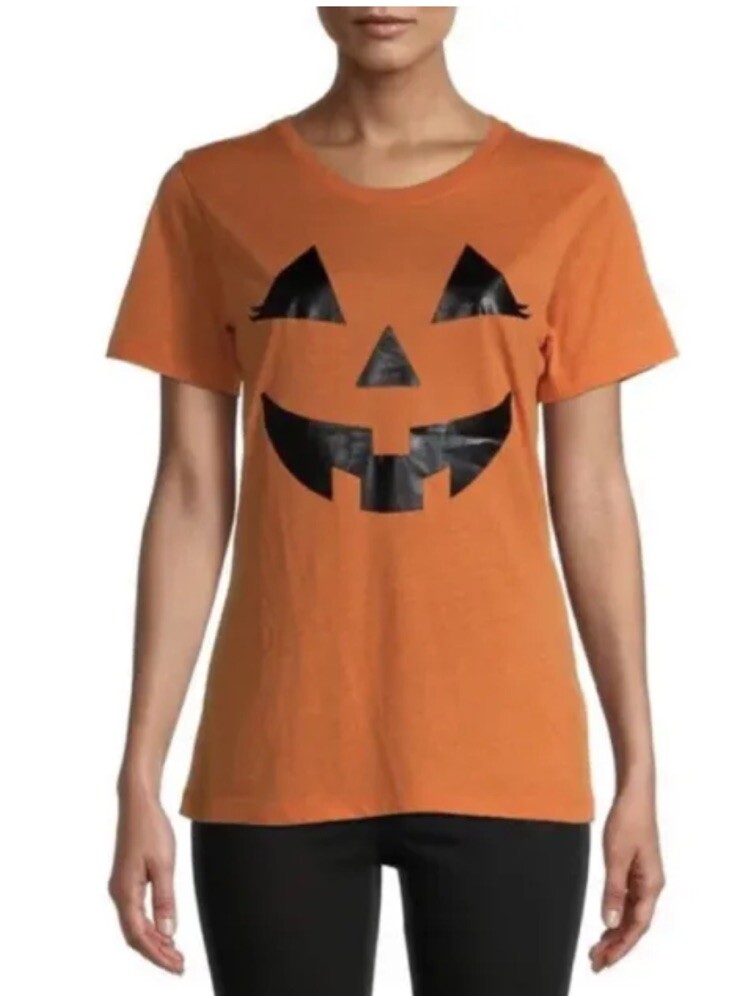 Way To Celebrate Women’s Halloween Pumpkin Face T-Shirt Orange Size Large 12-14