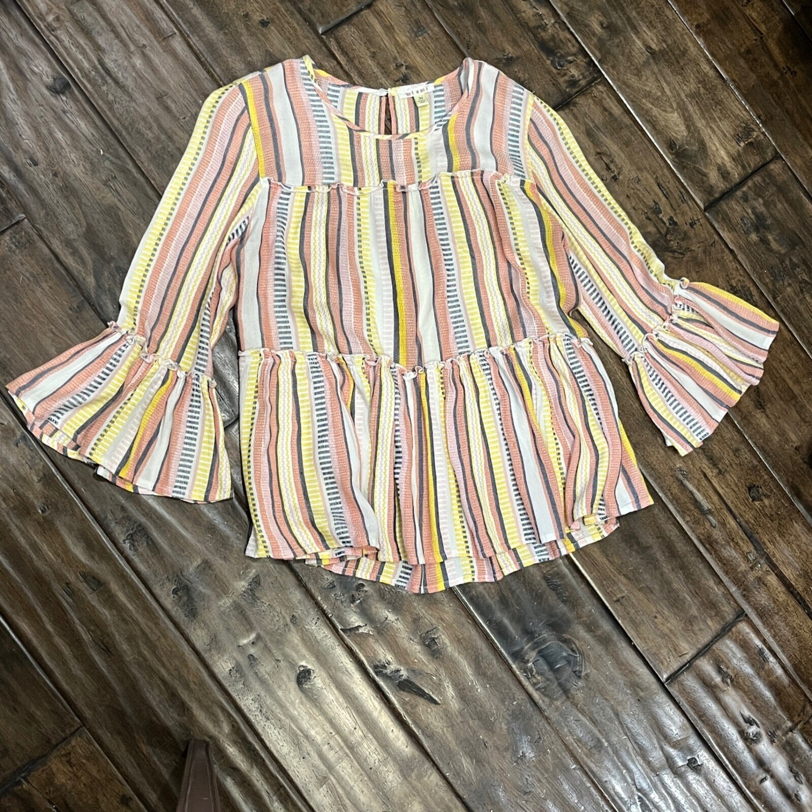 Mi ami Striped Tier Ruffle Trim 3/4 Sleeve Blouse Beach Y2K Boho Cottage Medium