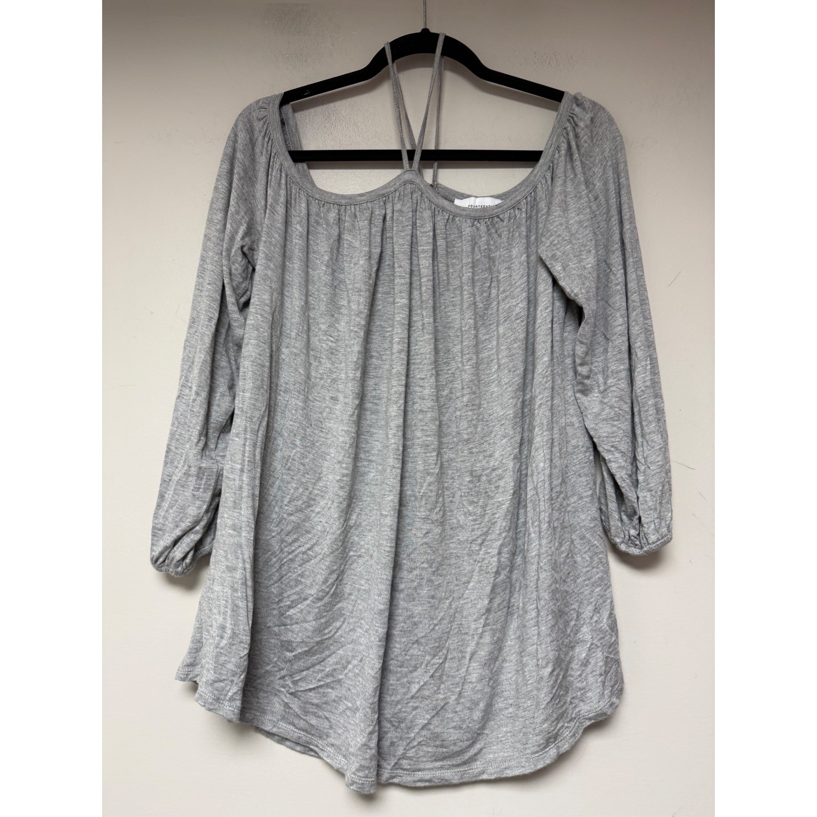 FOURTEENTH PLACE Grey Gathered Neck Long Sleeve Tunic Top XL