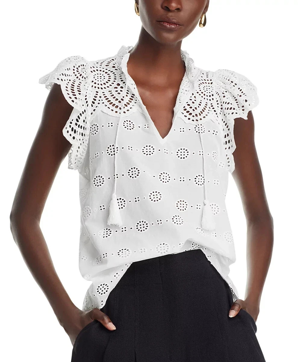 Aqua L110711 Womens White Cotton Eyelet Flutter Sleeve V-Neck Top Size Large