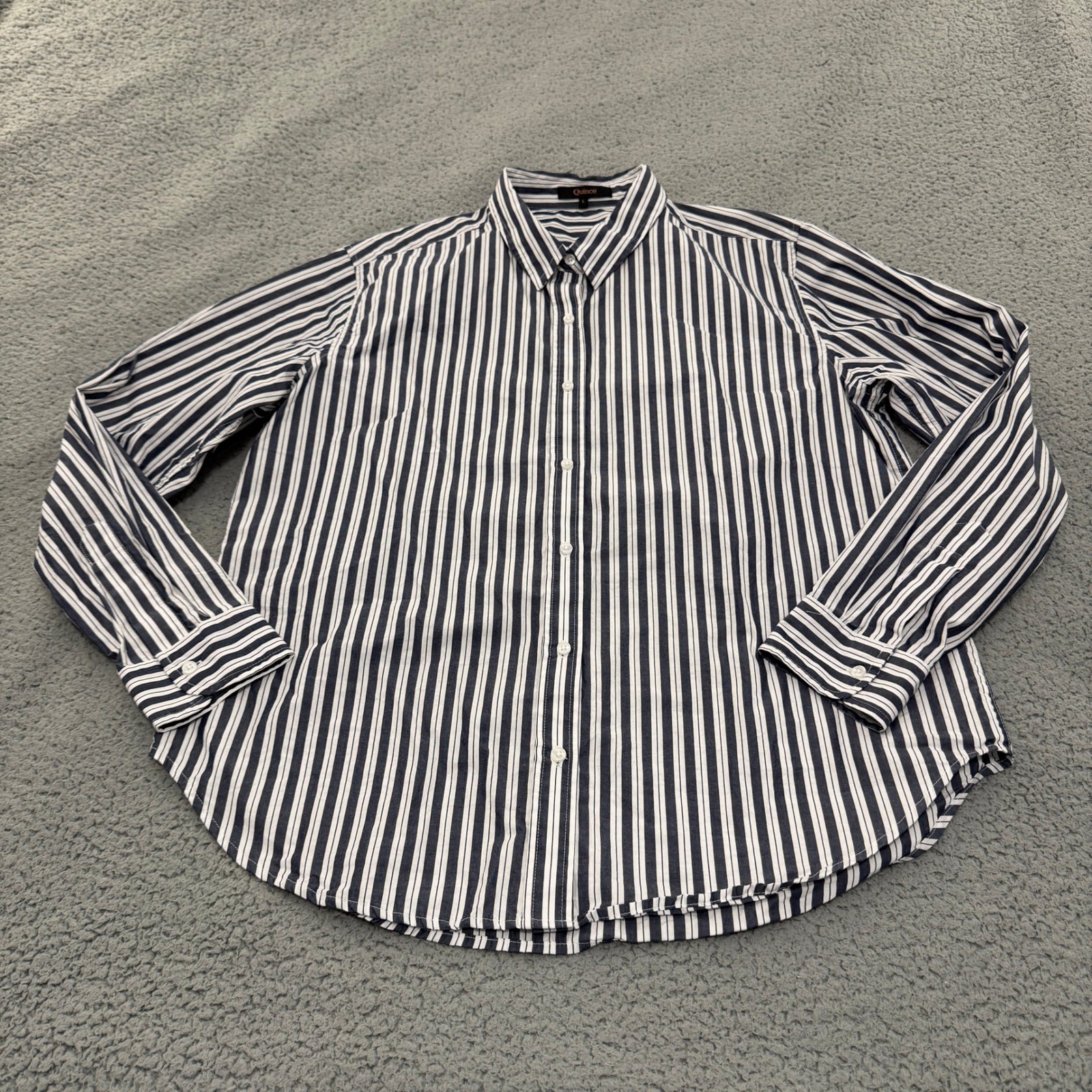 Quince Button Down Shirt Womens Large Navy White Striped Organic Cotton