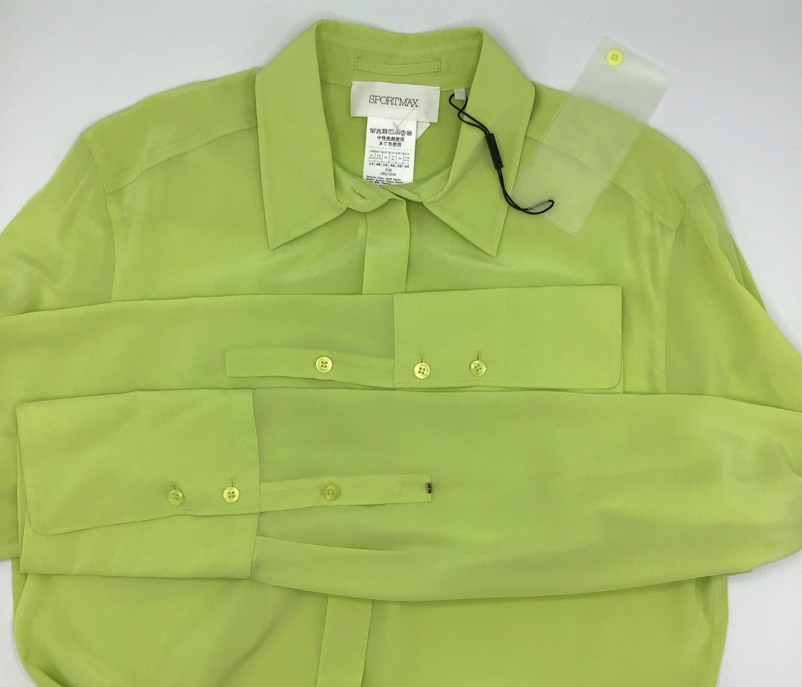 Max Mara SPORTMAX Algebra Lime Silk Shirt Button Front Elongated Cuffs NWOT US14