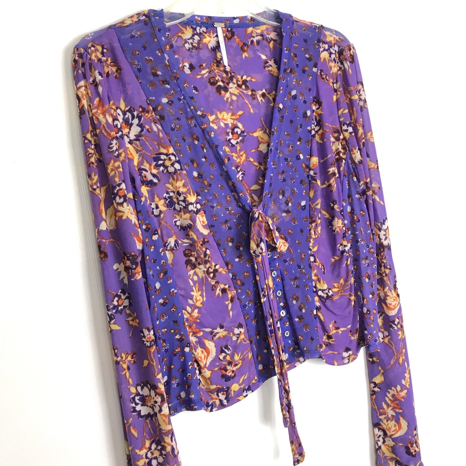 Free People Floral Long Sleeve V-Neck Button Bell Sleeve Mesh Top Tie Size Large