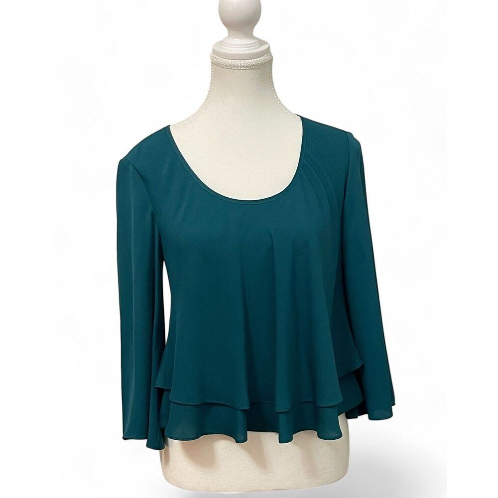 Amanda Uprichard Teal Blouse Layered Chiffon Scoop Neck Long Sleeve Size Petite