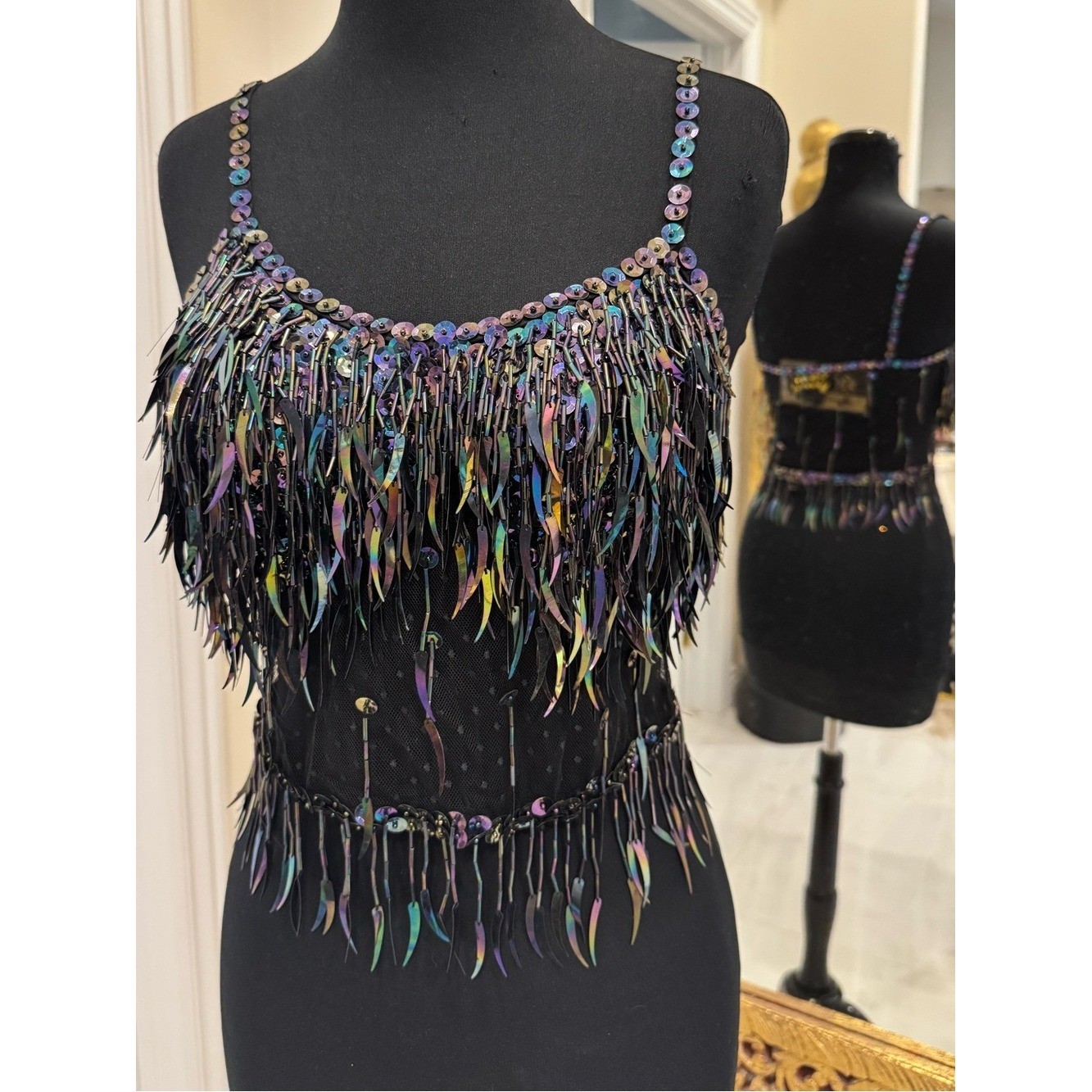 Iridiscent Sequin Fringe hand beaded Top – Black stretch sheer midriff/back