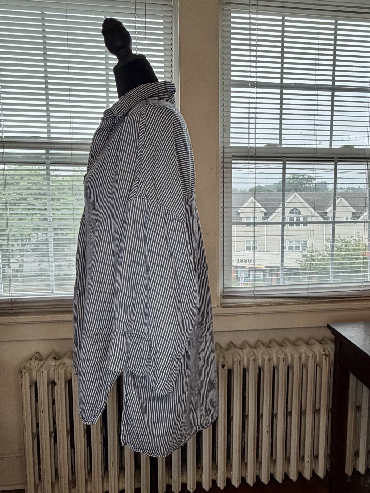 French Connection Blue and White Railroad Striped Tunic Collared Shirt