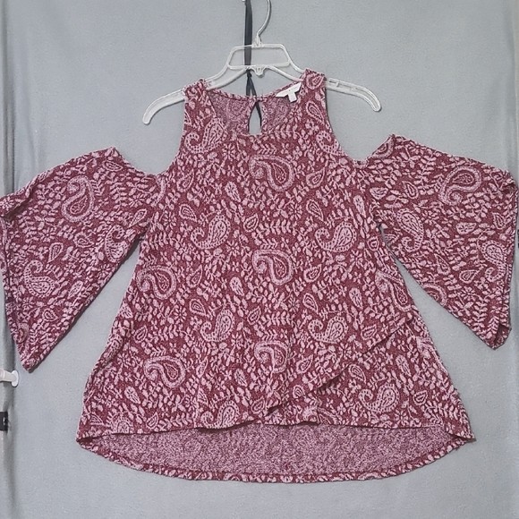 LUCKY BRAND Women’s Deep Red High-Low Cold Shoulder Blouse – Size Large