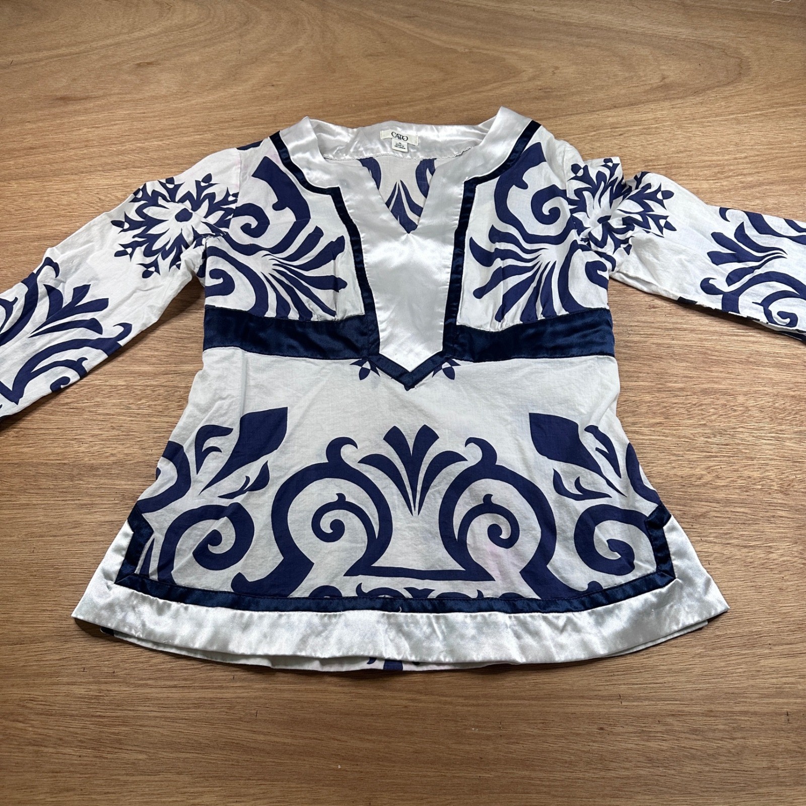 Cato Blue White Damask Print Tunic Top Tie Back 100% Cotton Women’s M