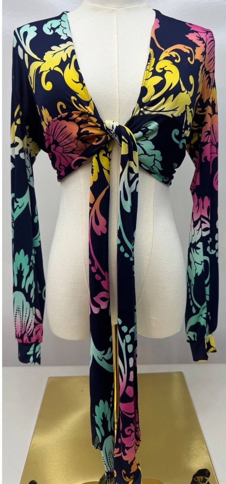 NWT J Uptown Kendra Top Baroque Floral Tie Front Crop Long Sleeve Festival Large