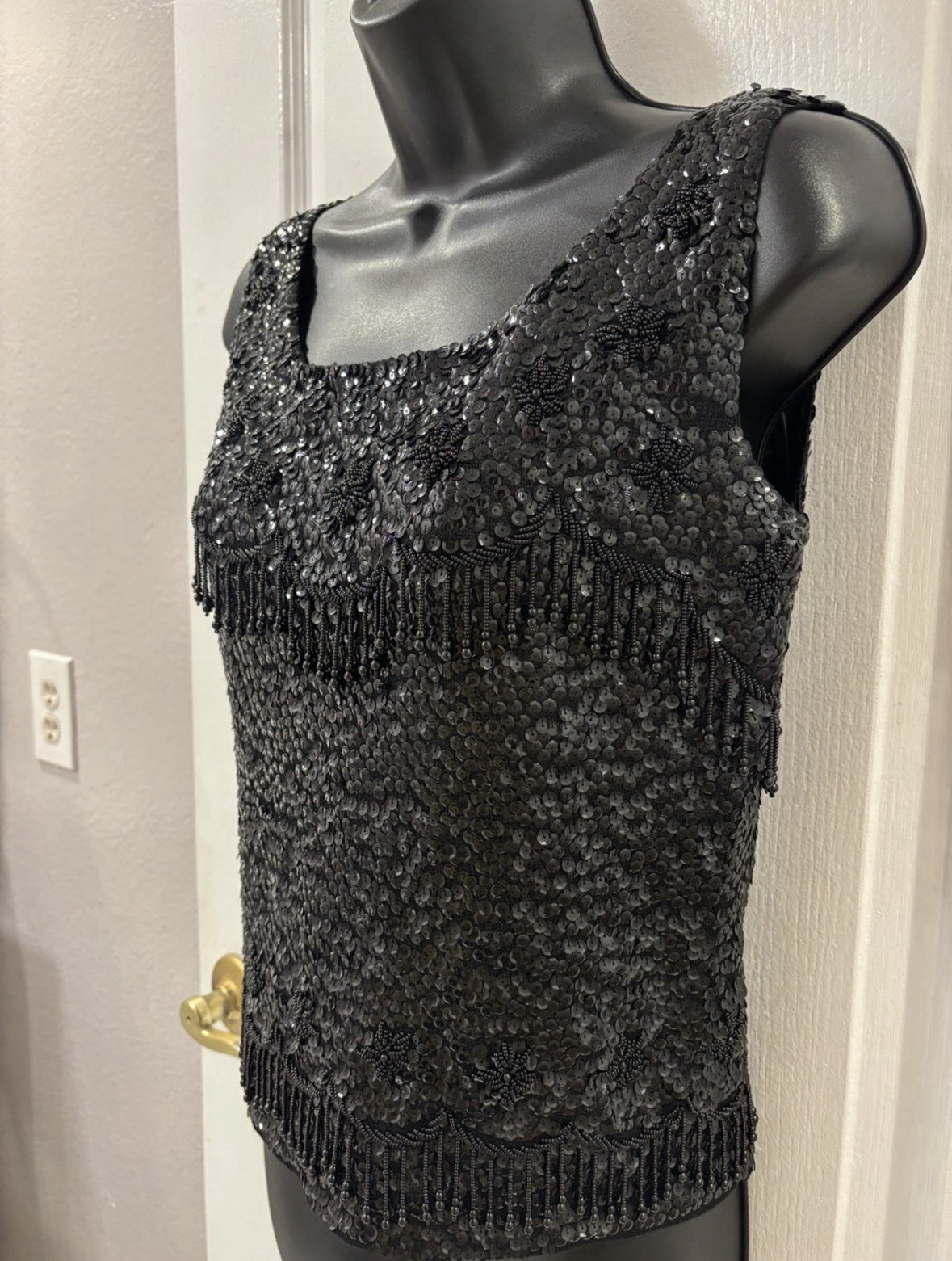 Vintage Hong Kong Hand Full Fashioned 50s 60s Wool Sequin Beaded Fringe Top S