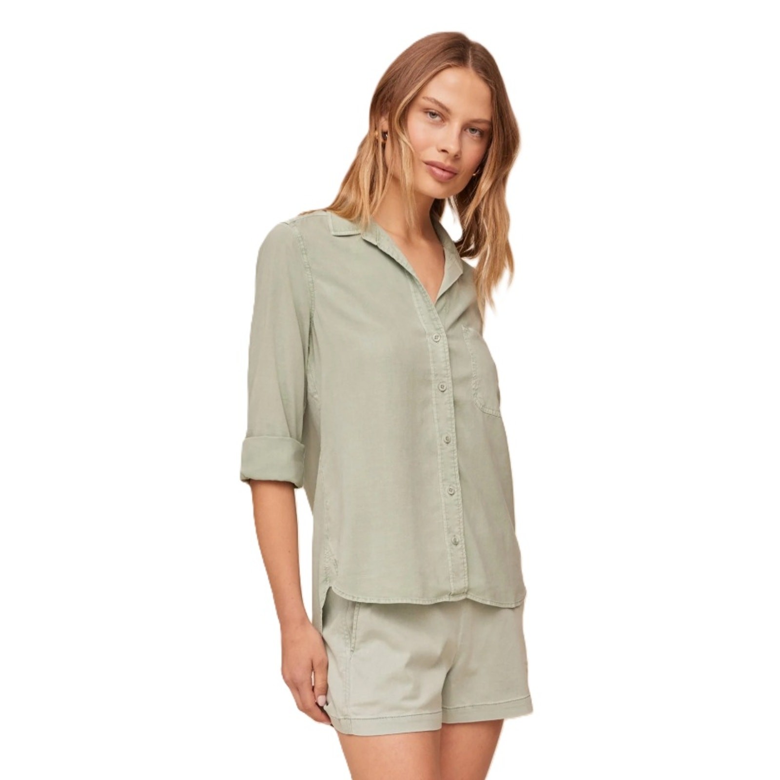 Bella Dahl Women Olive Green Woven Tencel Long Sleeve Button Down Top Size M