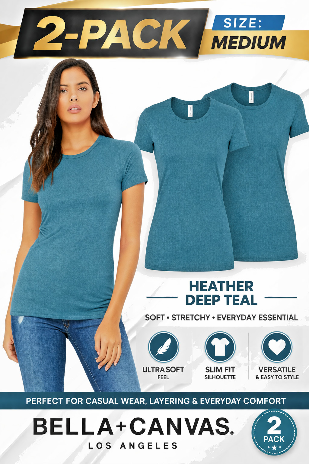 Bella Canvas 6004 Womens Basic Tee 2 Pack Deep Teal Medium Lightweight Shirt Set