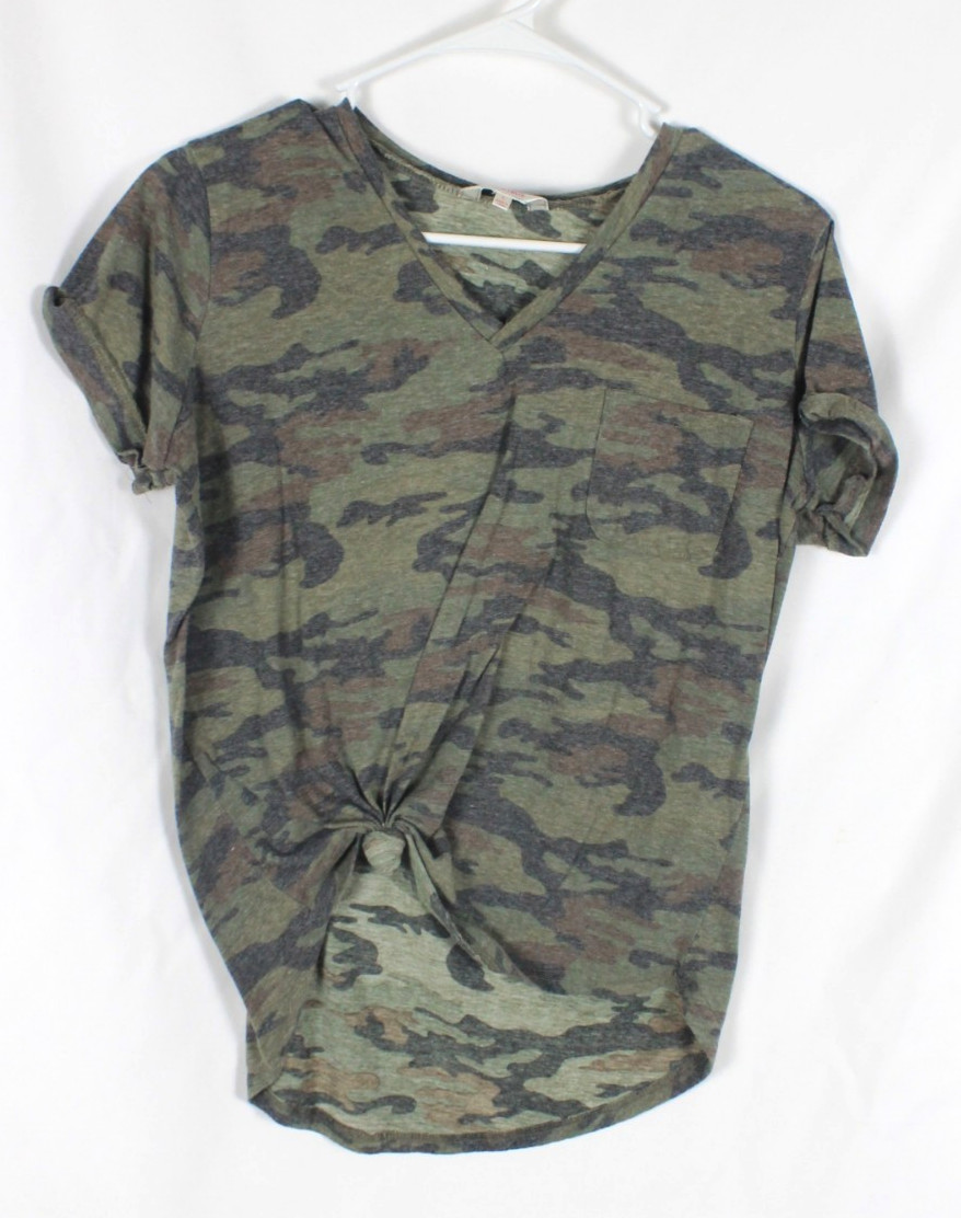 Stella Tweed Green Camouflage Woman T-Shirt Size Large Short Sleeve Tie Up Front