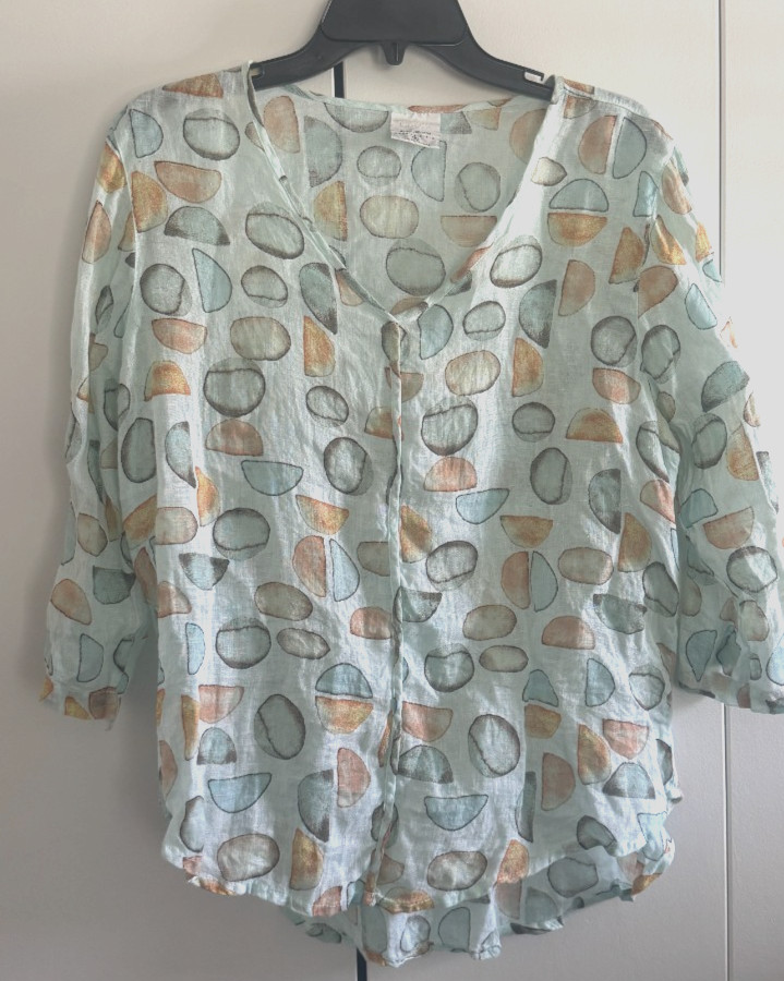 Color Me Cotton (CWC) women’s printed button-front blouse with 3/4 sleeves