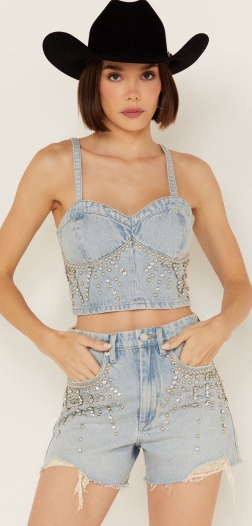NWT BLANK NYC Light Wash Starstruck Embellished Denim Crop Top MED Festival Hot