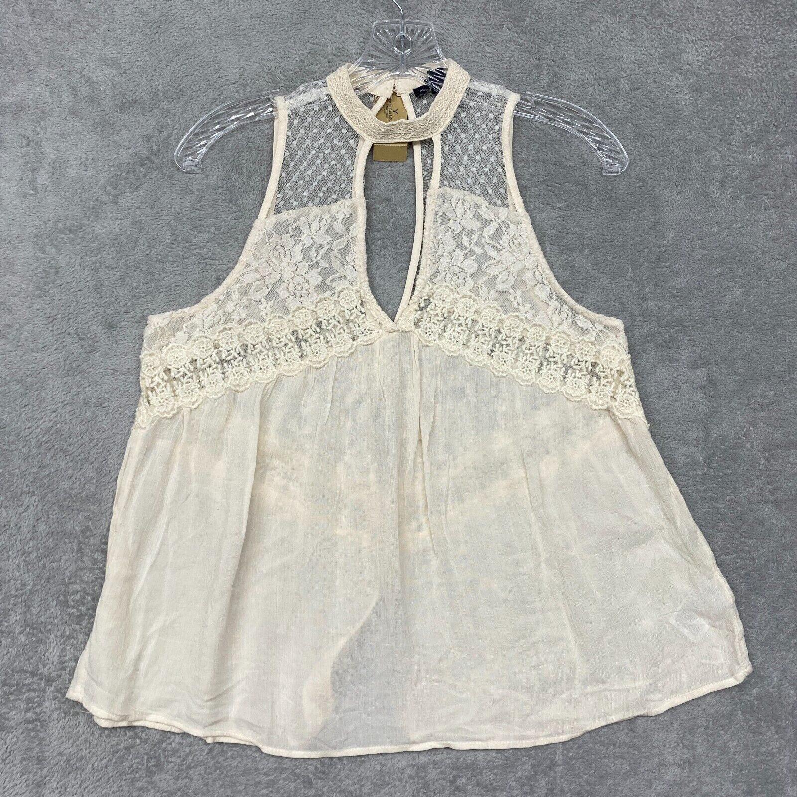 American Eagle Shirt Womens XS Beige Tank Top Lace Open Back Sheer Viscose