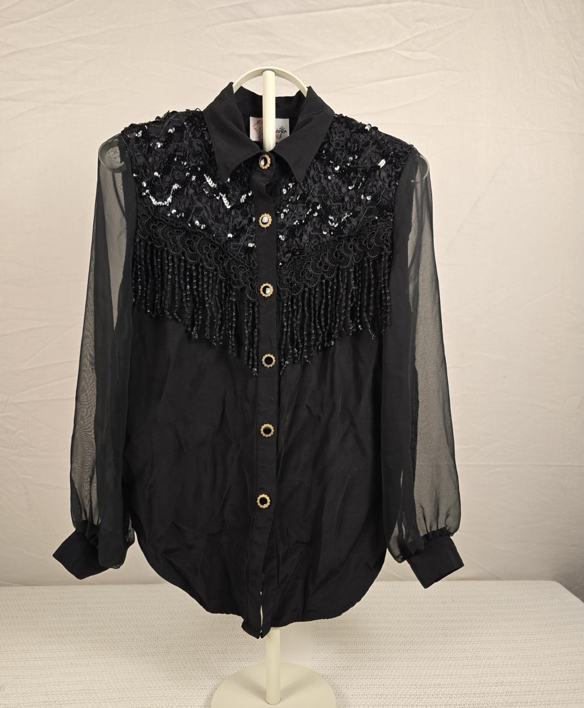 Vtg Jennifer Women’s Black Sheer Chiffon Collared Button-Up Lace Fringe Size S